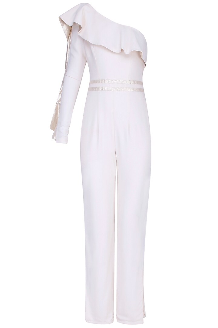 Ivory One Sleeved Frill Detail Jumpsuit by Manika Nanda