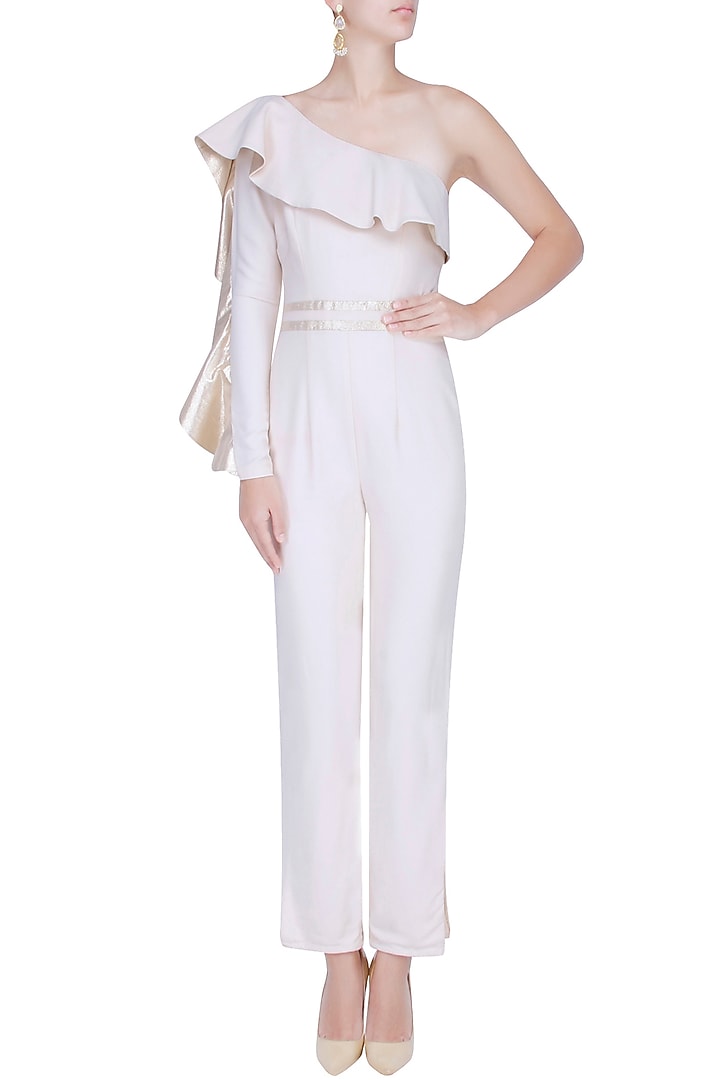 Ivory one sleeved frill detail jumpsuit available only at Pernia's Pop Up Shop.