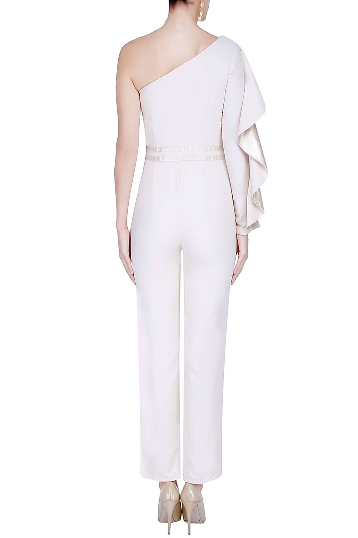 Ivory one sleeved frill detail jumpsuit available only at Pernia's Pop Up Shop.