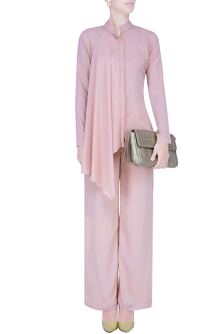 Nude high low panelled shirt and flared pants set available only at Pernia's Pop Up Shop.