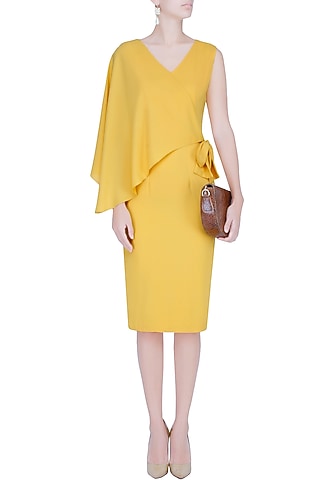 Mustard Yellow Cape Tie Up Dress by Manika Nanda