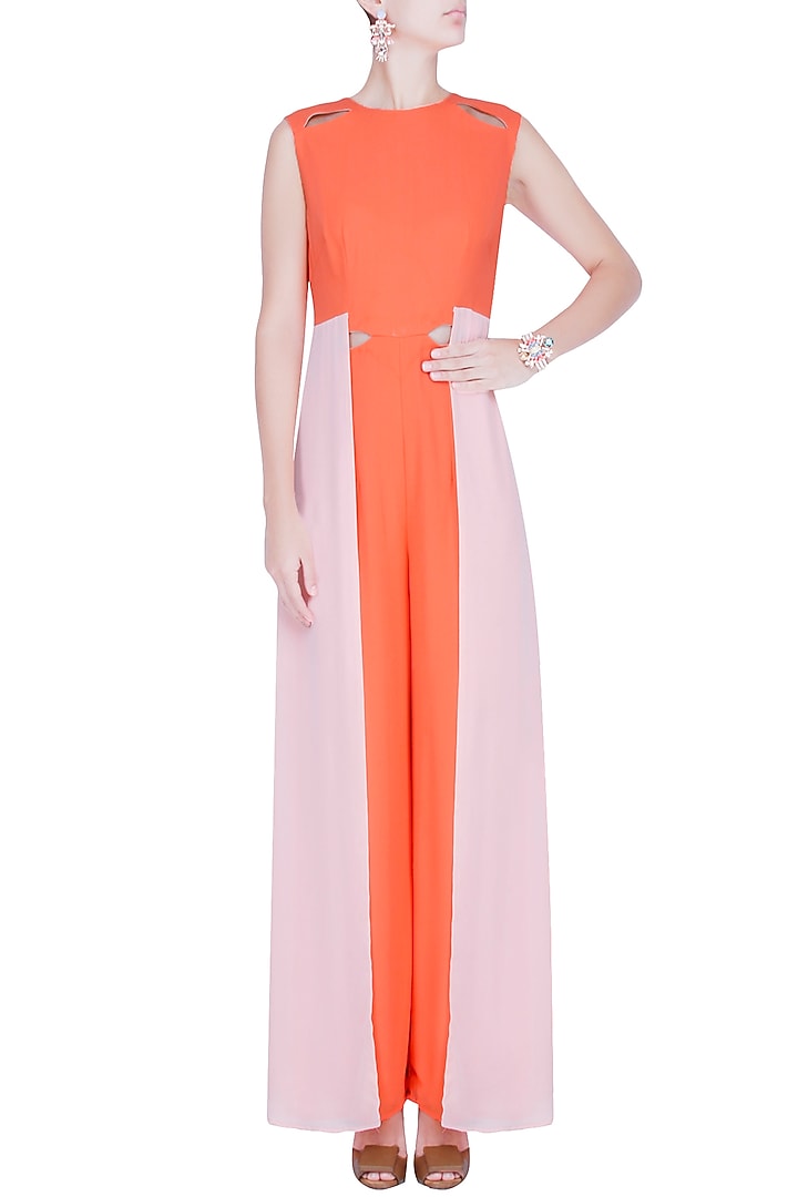 Orange and powder pink panelled colorblock jumpsuit available only at Pernia's Pop Up Shop.