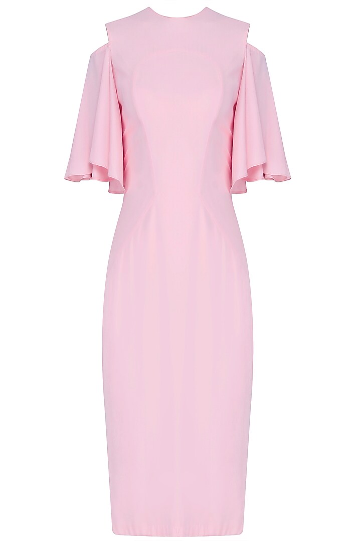 Blush Pink Cold Shoulder Flared Sleeve Dress by Manika Nanda