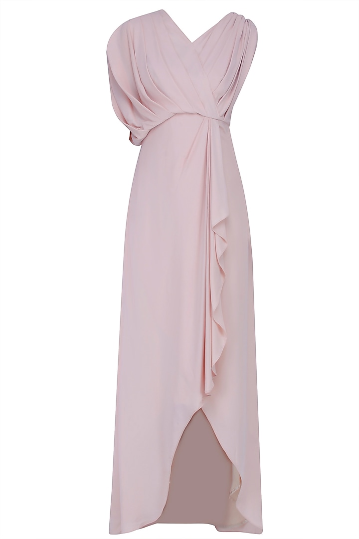 Nude Pleated Sleeve High Low Toga Gown by Manika Nanda