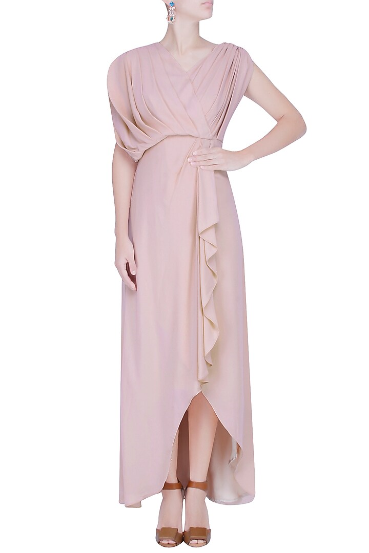 Nude pleated sleeve high low toga gown available only at Pernia's Pop Up Shop.