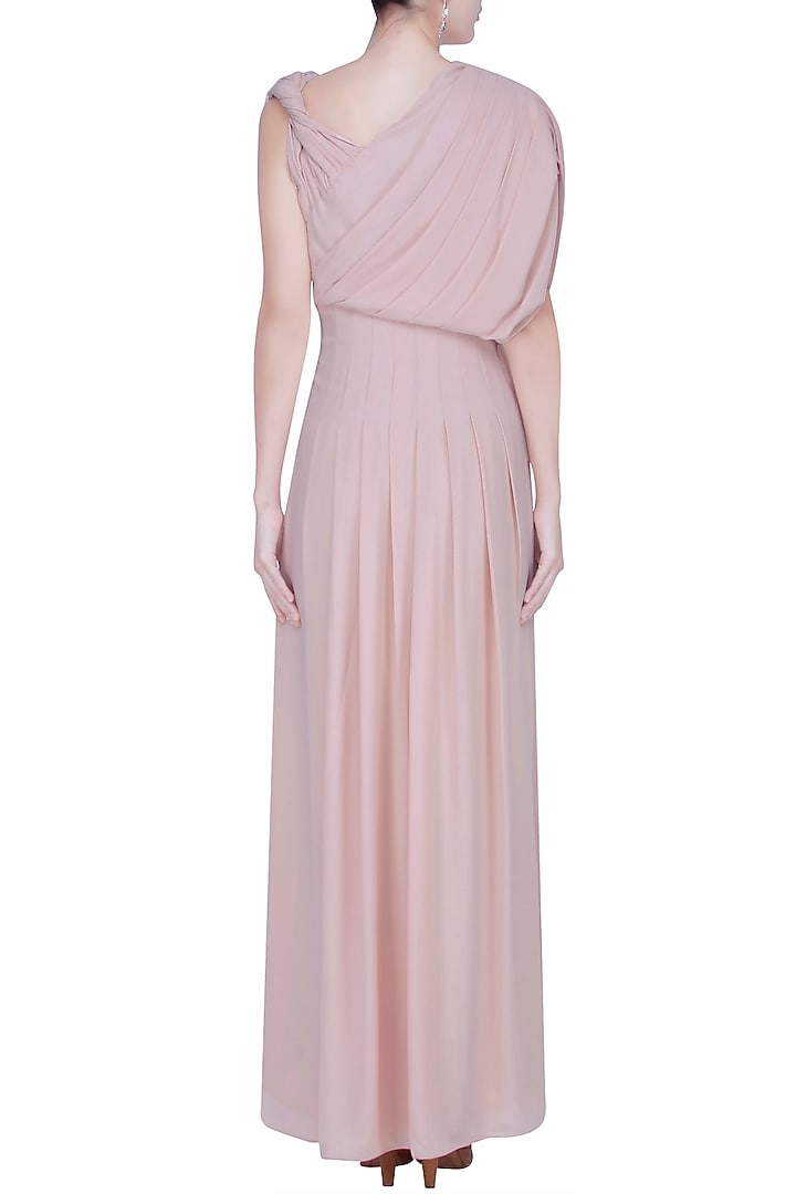 Nude pleated sleeve high low toga gown available only at Pernia's Pop Up Shop.