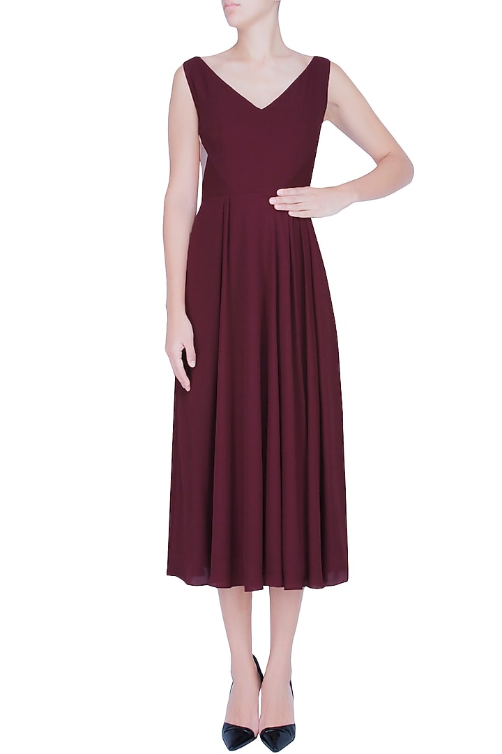 Marsala red sheer side panelled midi dress available only at Pernia's Pop Up Shop.