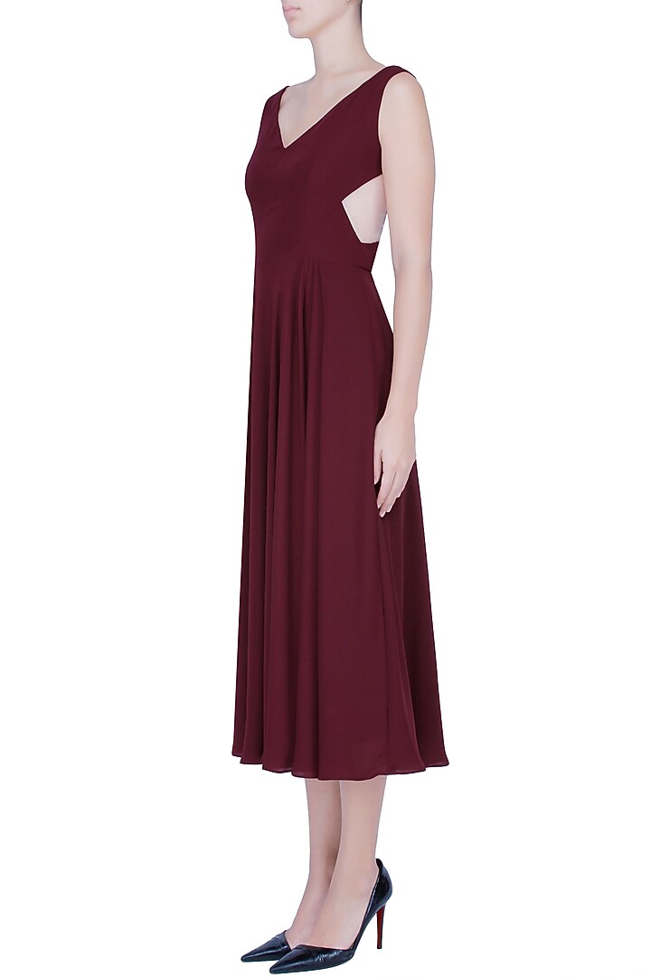 Marsala red sheer side panelled midi dress available only at Pernia's Pop Up Shop.