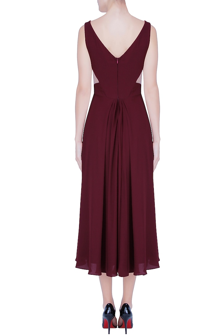 Marsala red sheer side panelled midi dress available only at Pernia's Pop Up Shop.