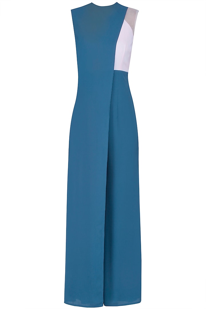 Cerculean Blue Front Overlay Panelled Jumpsuit by Manika Nanda