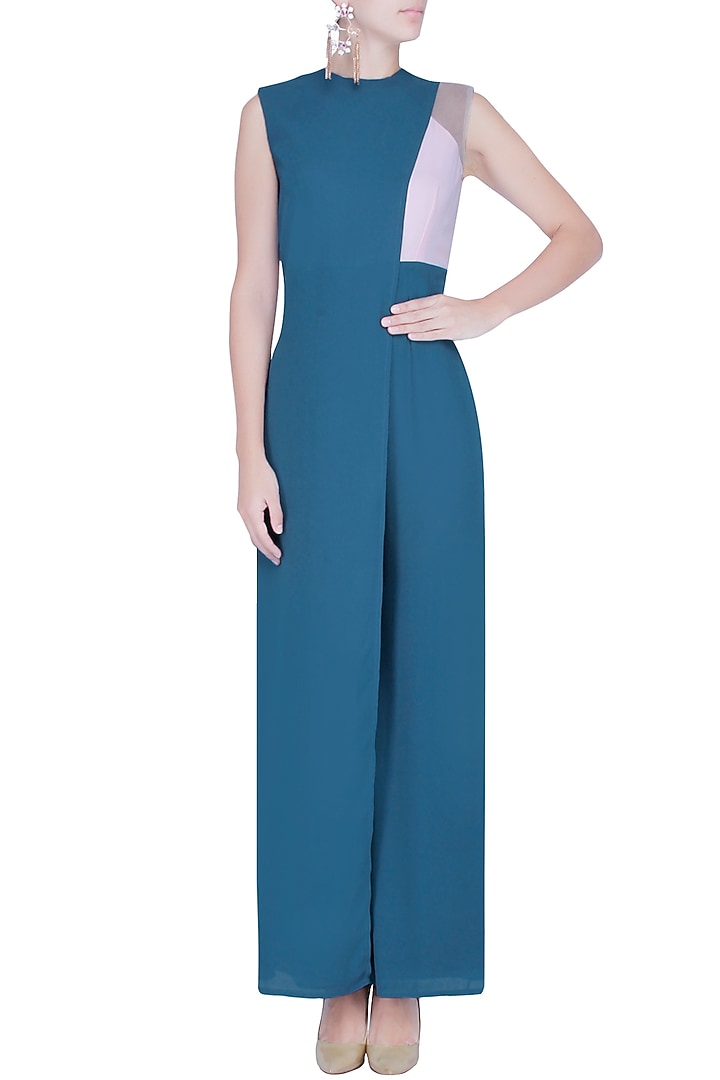 Cerculean blue front overlay panelled jumpsuit available only at Pernia's Pop Up Shop.