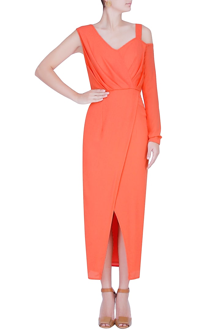 Orange high slit one sleeve ankle gown available only at Pernia's Pop Up Shop.