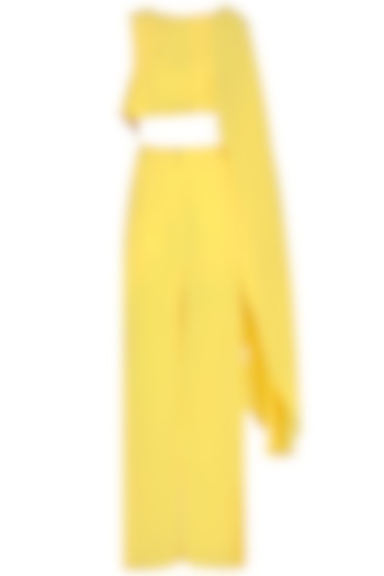 Yellow Draped Crop Top and Flared Pants Set by Manika Nanda