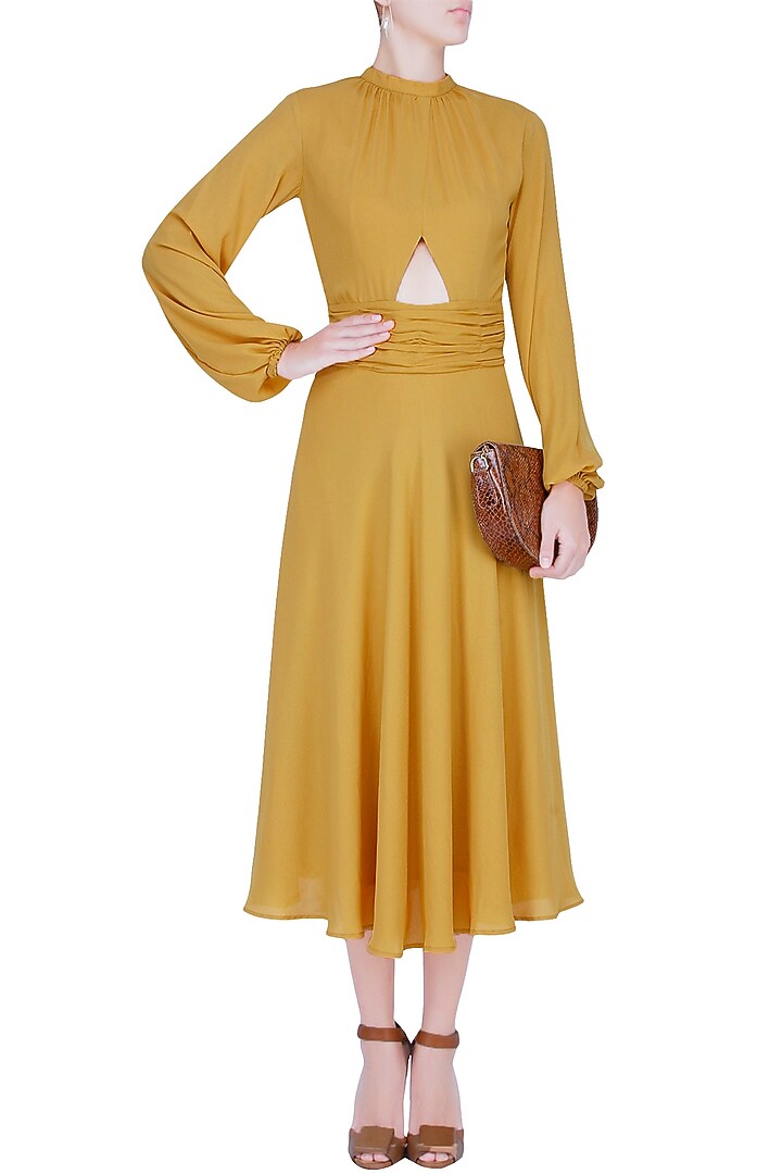Mustard yellow pleated retro midi dress available only at Pernia's Pop Up Shop.