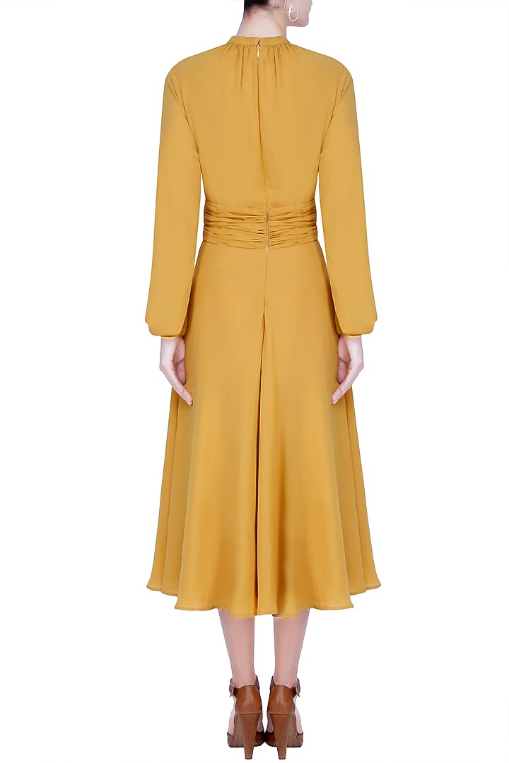 Mustard yellow pleated retro midi dress available only at Pernia's Pop Up Shop.