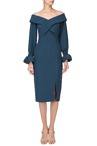 Prussian Blue Off Shoulder Fitted Dress by Manika Nanda