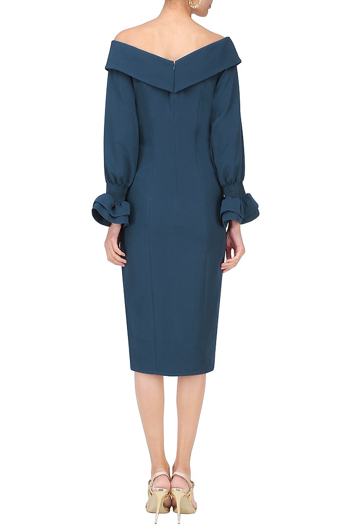 Prussian blue off shoulder fitted dress available only at Pernia's Pop Up Shop.