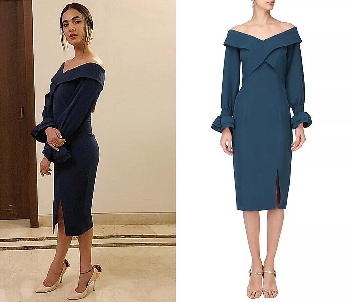 Prussian blue off shoulder fitted dress available only at Pernia's Pop Up Shop.