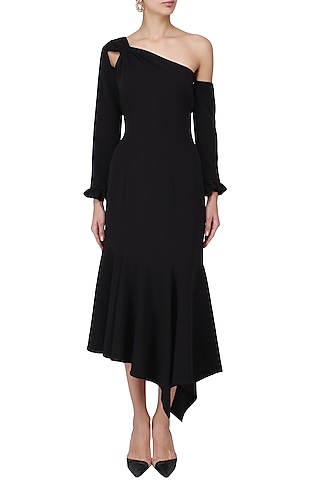 Black High Low One Shoulder Dress by Manika Nanda