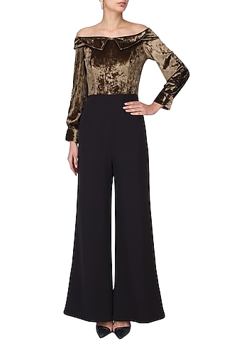 Coffee and Black Off Shoulder Jumpsuit by Manika Nanda