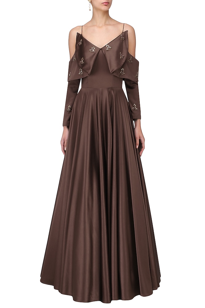 Dark mohagony cold shoulder gown available only at Pernia's Pop Up Shop.