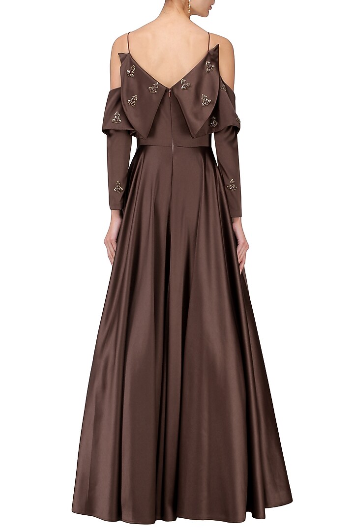 Dark mohagony cold shoulder gown available only at Pernia's Pop Up Shop.