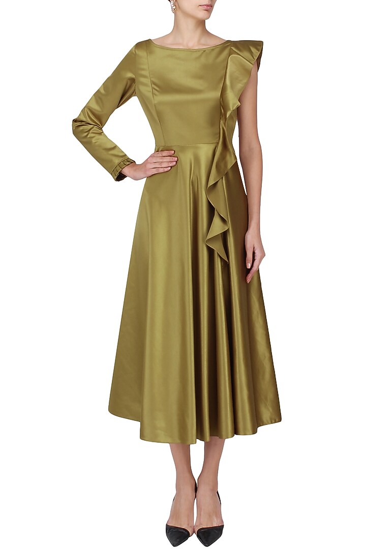 Gold bronze frilled midi dress available only at Pernia's Pop Up Shop.