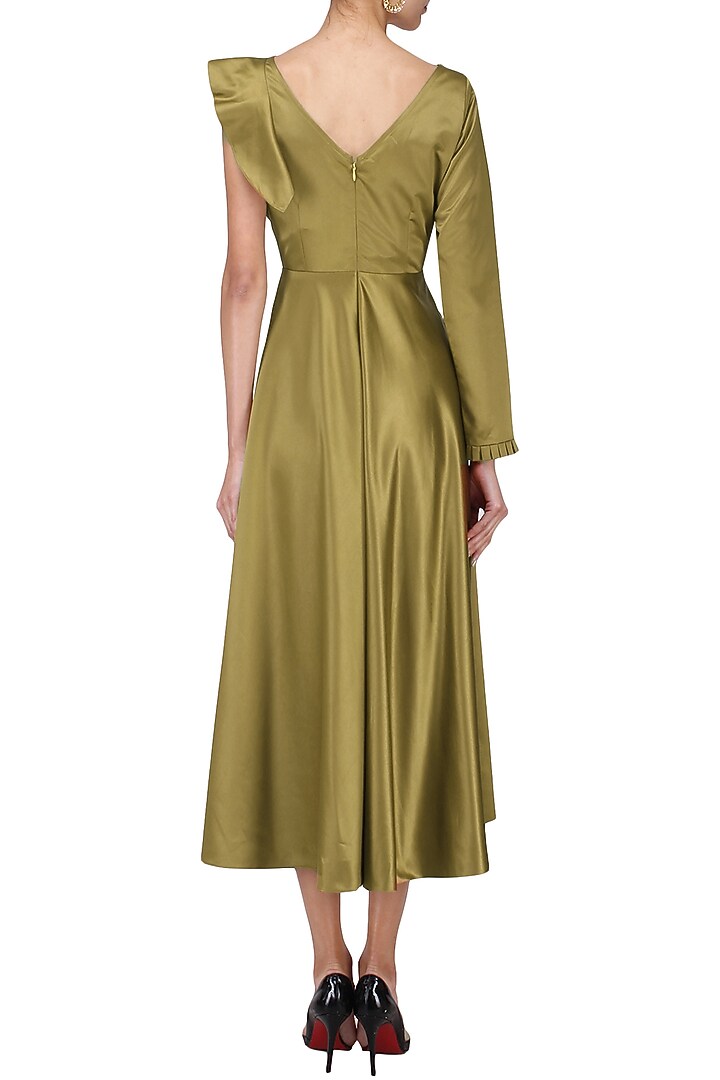 Gold bronze frilled midi dress available only at Pernia's Pop Up Shop.