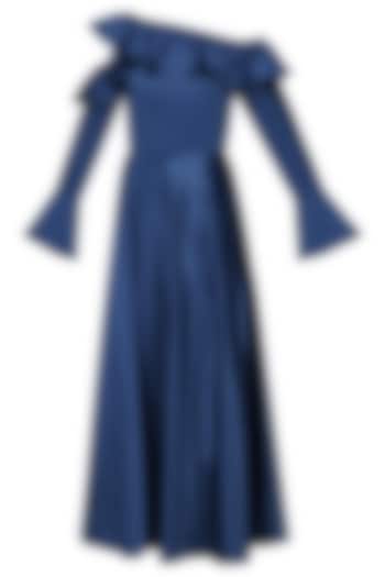 Electric Blue Cold Shoulder Frilled Dress by Manika Nanda