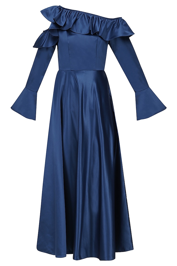 Electric Blue Cold Shoulder Frilled Dress by Manika Nanda