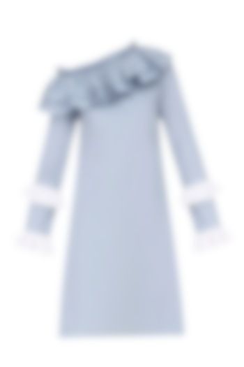 Powder Blue Ruffled Off Shoulder Dress by Manika Nanda