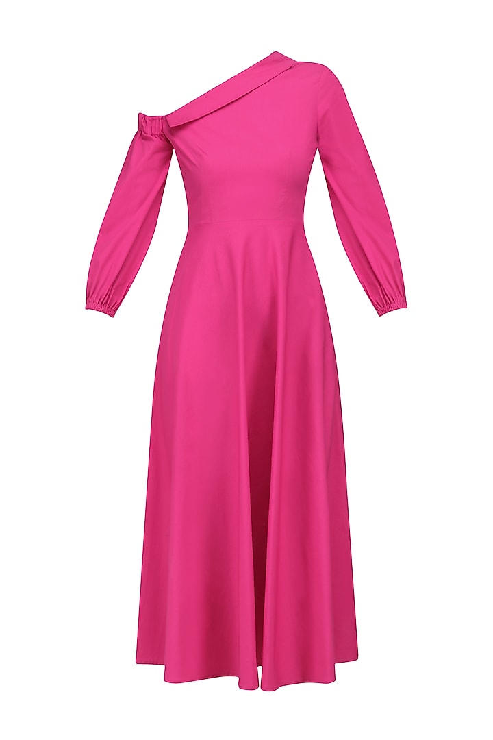 Fuschia Pink Collared Off Shoulder Retro Midi Dress by Manika Nanda