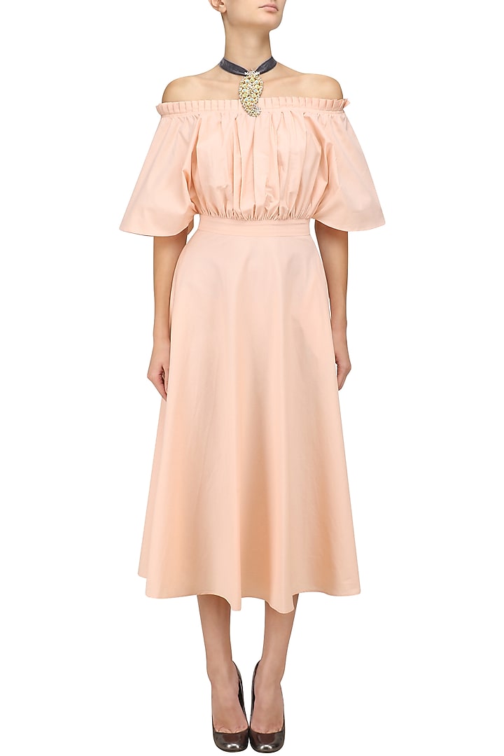 Powder peach blusson style off shoulder midi dress available only at Pernia's Pop Up Shop.