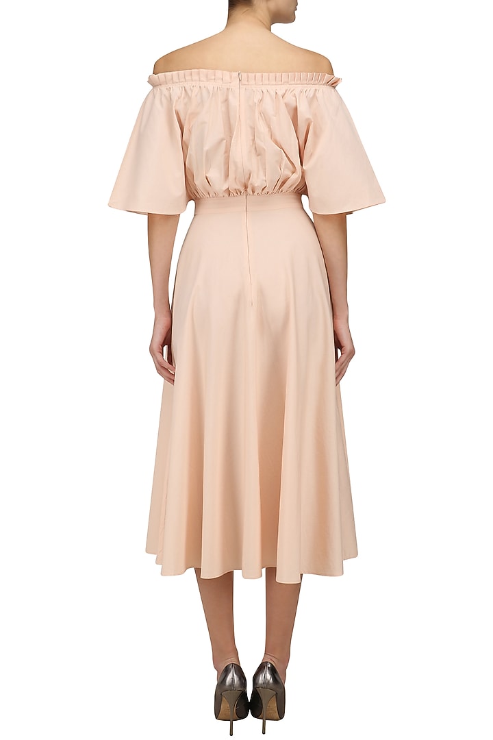 Powder peach blusson style off shoulder midi dress available only at Pernia's Pop Up Shop.