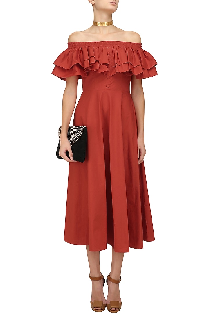 Flaming orange ruffled midi dress available only at Pernia's Pop Up Shop.