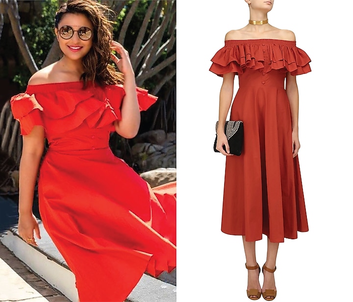 Flaming orange ruffled midi dress available only at Pernia's Pop Up Shop.