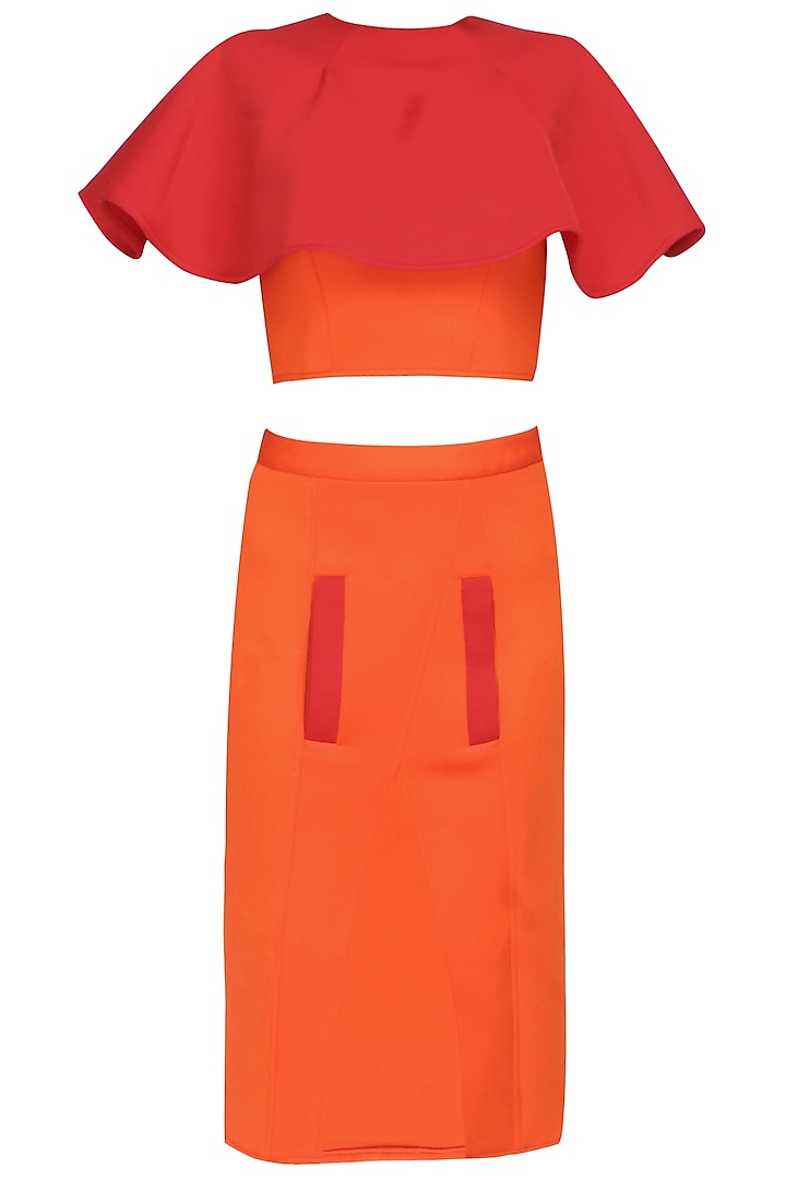 Orange and red color blocked cape top with high slit skirt by Manika Nanda