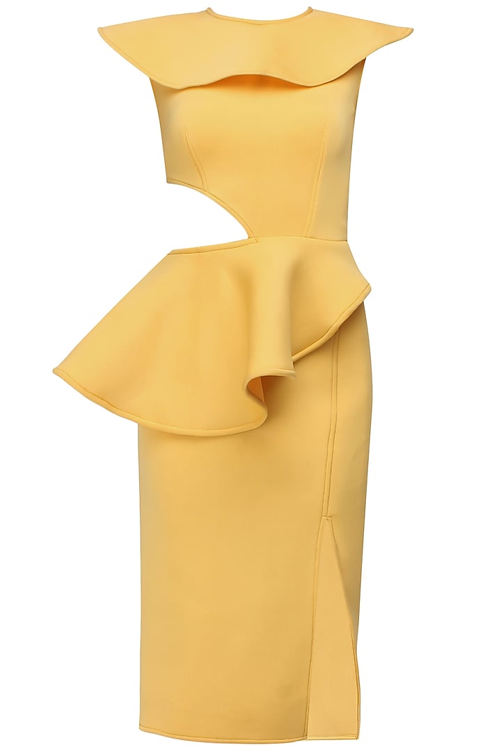 Honey yellow cutout overlay peplum dress by Manika Nanda