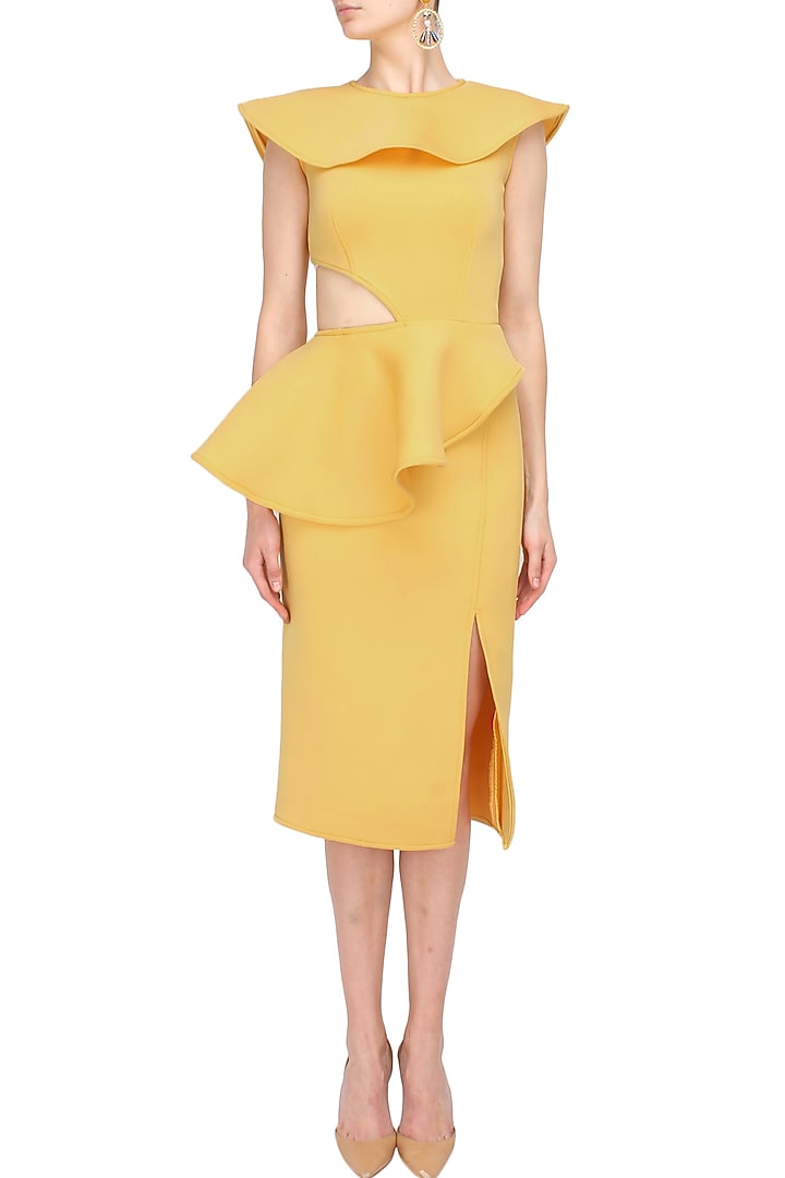 Honey yellow cutout overlay peplum dress available only at Pernia's Pop Up Shop.