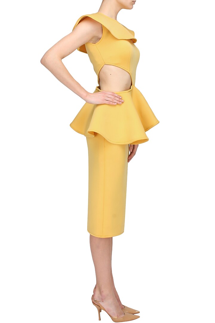 Honey yellow cutout overlay peplum dress available only at Pernia's Pop Up Shop.