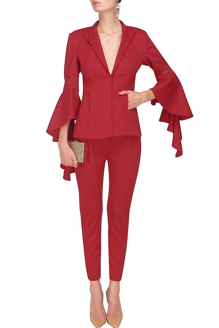 Flaming red cascading sleeves power blaze and pants set available only at Pernia's Pop Up Shop.