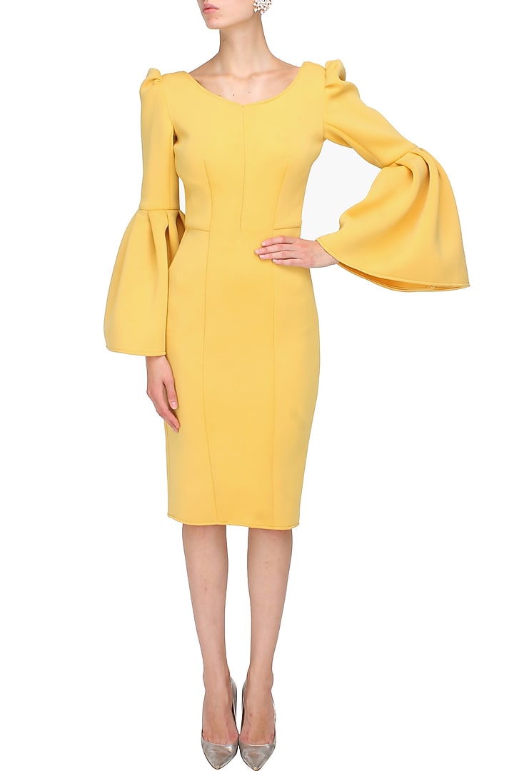 Honey yellow bell sleeved open back dress available only at Pernia's Pop Up Shop.