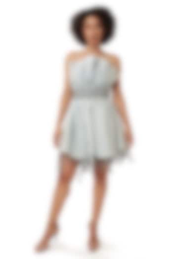 Powder Blue Satin Embellished Off-Shoulder Asymmetrical Flared Vacation Dress by Modo Caldo at Pernia's Pop Up Shop