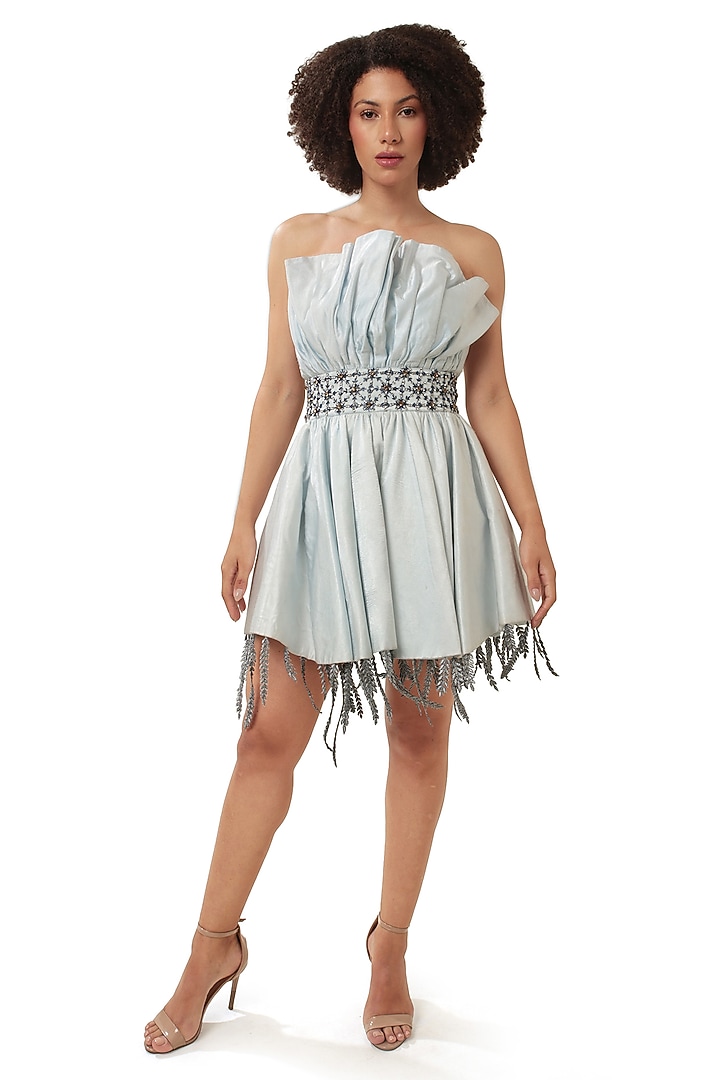 Powder Blue Satin Embellished Off-Shoulder Asymmetrical Flared Vacation Dress by Modo Caldo at Pernia's Pop Up Shop