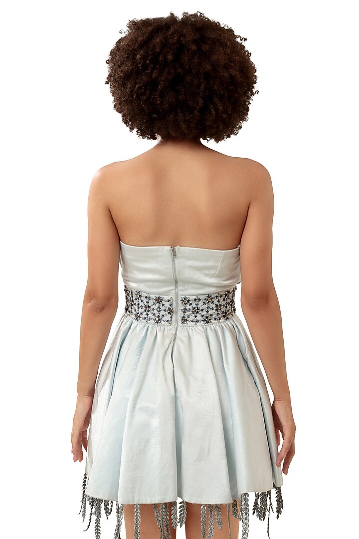 Powder Blue Satin Embellished Off-Shoulder Asymmetrical Flared Vacation Dress by Modo Caldo at Pernia's Pop Up Shop