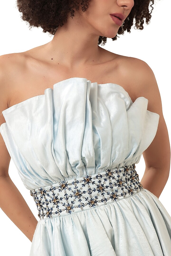 Powder Blue Satin Embellished Off-Shoulder Asymmetrical Flared Vacation Dress by Modo Caldo at Pernia's Pop Up Shop
