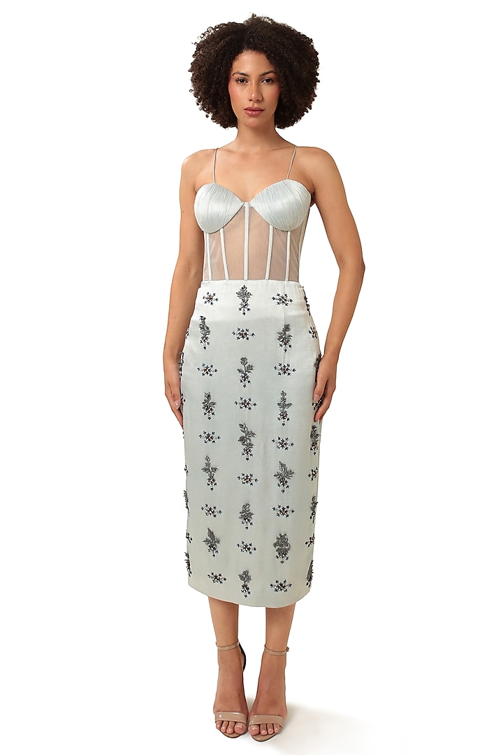 Powder Blue Satin & Tulle Crystal Embroidered Midi Cocktail Dress by Modo Caldo at Pernia's Pop Up Shop