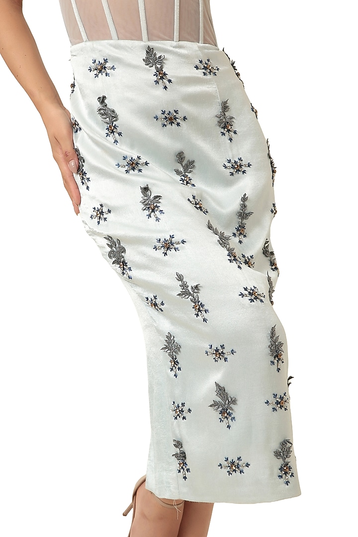 Powder Blue Satin & Tulle Crystal Embroidered Midi Cocktail Dress by Modo Caldo at Pernia's Pop Up Shop