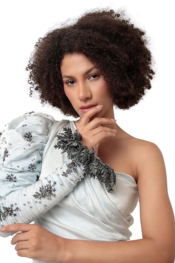 Powder Blue Satin Crystal Work One-Shoulder Draped Vacation Dress by Modo Caldo at Pernia's Pop Up Shop