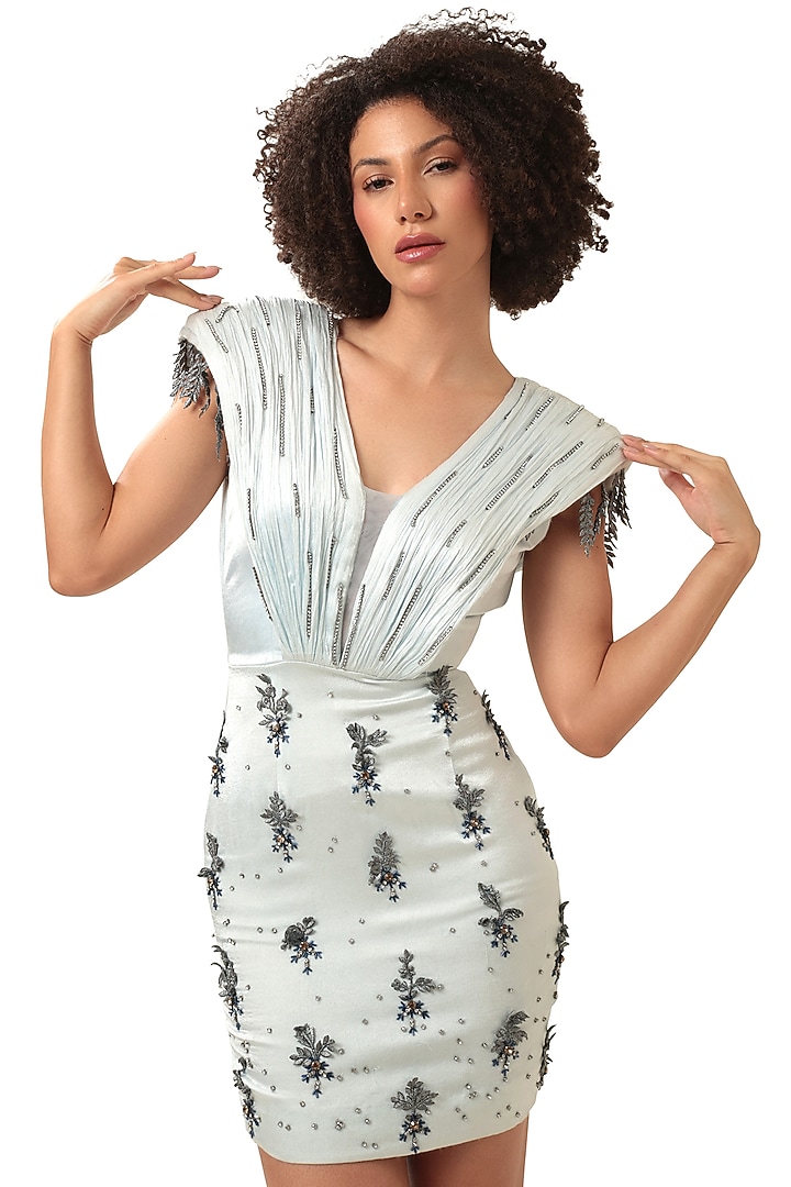 Powder Blue Satin & Tulle Stone Embellished Mini Vacation Dress by Modo Caldo at Pernia's Pop Up Shop